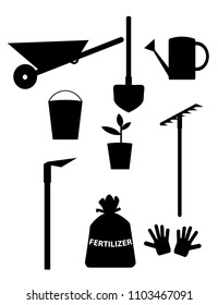 set of black Clipart depicts tools and equipment for working in the garden: a wheelbarrow garden, shovel, rake, gloves and more
