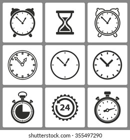  Set of black clock  icons on white background for graphic design and Internet sites. Vector illustration. 
