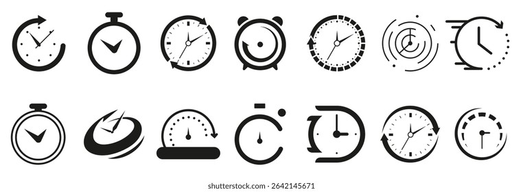 Set of black clock, stopwatch, timer, watch icon. Black clock icon collection