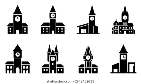 Set of black clock tower icons