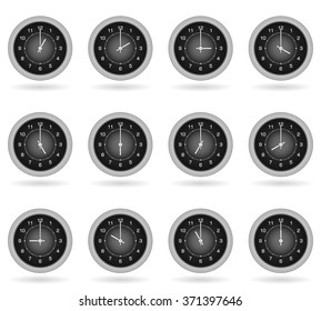 Set of black clocks for business hours isolated on white. All elements sorted and grouped in layers