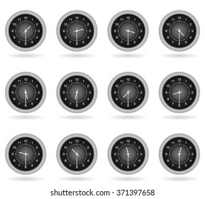 Set of black clocks for business hours isolated on white. Half past hours. All elements sorted and grouped in layers