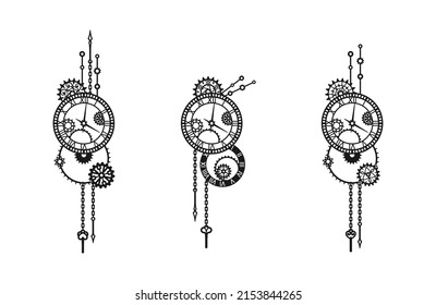 Set von schwarzen Uhren mit Zahnrädern, Zahnräder, Ketten und Windup-Schlüssel auf Weiß. Mechanismus. Steampunk. Dekorative Elemente für Grußkarten-, Banner-, Poster-, Schilder-, Etiketten-, Laser- und Plotterschneiden