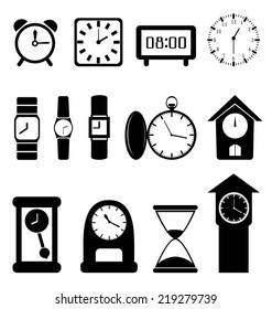 Set of black clocks isolated on white background