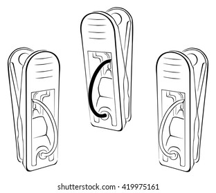 a set of black clothespins on a white background. Vector illustration. Isolated object.