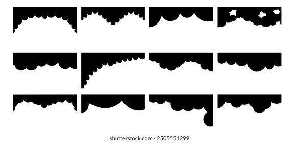 Set of black cloud border silhouettes on white background. Various shapes and sizes cloud edges. Dividers form for web. Vector illustrations for design elements, frames, banner