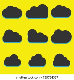 A set of black cloud icons in a trendy flat theme isolated from a yellow background. Cloud Symbols for your website design logo UI Vector Illustration