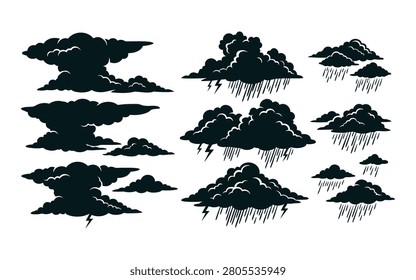 A set of black cloud silhouettes depicting various storm conditions, including rain and lightning, on a white background.
