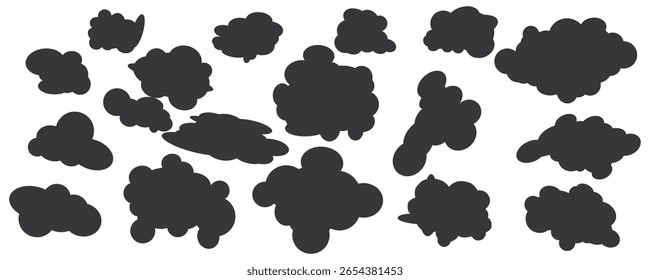 Conjunto de nubes negras aisladas sobre un fondo blanco. Ilustración vectorial.