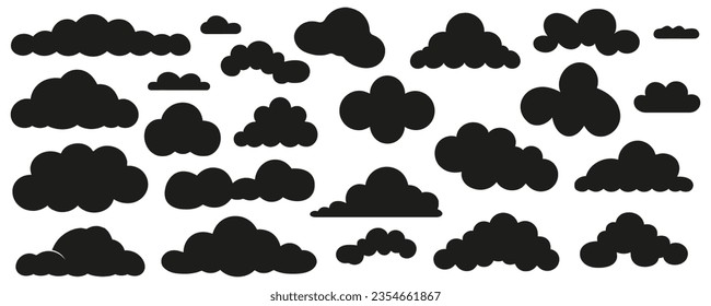 A set of black clouds on a white background. Vector illustration silhouette of clouds. 