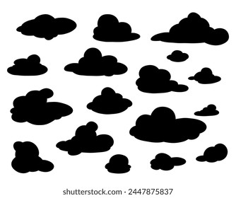 A set of black clouds on a white background. Silhouette image. Collection image cloud sky symbol.Vector illustration silhouette of clouds.