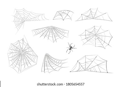 Set of black cobwebs and spider on a white background.Scary spiderweb of halloween symbol. Realistic silhouette.Vector illustration.
