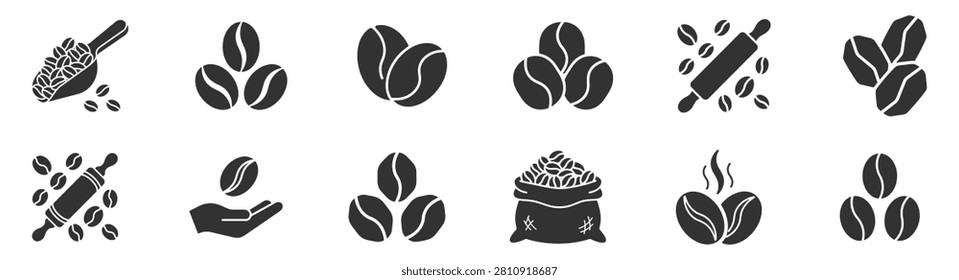 Set of black coffee bean icons with sack, hand, and rolling pin vector illustrations on transparent background