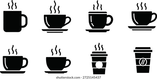 Set von schwarzen Kaffeetasse Symbole mit Dampf und Papier Tasse Vektorgrafik Silhouette. Schwarze Kaffeetasse Symbol Set Illustration zeigt heiße Getränke Symbole Vektor
