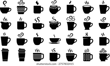 A set of black coffee cup silhouettes with steam rising, a design concept for a vector line art bundle