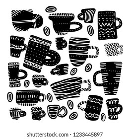 Set of black coffee cups with decoration.  Square composition for poster. Vector illustration.