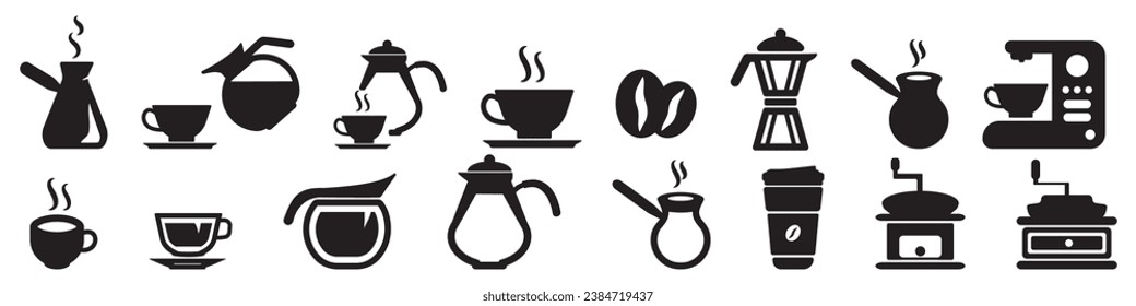 Conjunto de ilustraciones vectoriales de iconos de café negro.  Todas las áreas blancas están aisladas de los iconos y las áreas negras se combinan.