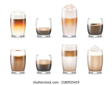 Conjunto de negro y café con leche en gafas transparentes. Bebidas de café realistas: espresso, capuchino, latte, americano, doppio, mocha, macchiato. Recogida de bebidas por la mañana. 3.ª ilustración vectorial