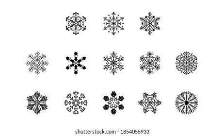 Set Black Colleciton Line Snowflake Doodle Winter Decoration Elements Vector Design Style