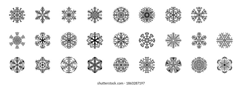 Establecer el estilo de diseño de vectores de elementos de decoración de invierno de la línea de colección negra de copos de nieve Doodle