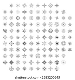 Set Black Colleciton Line Snowflake Doodle Winter Decoration Elements Vector Design Style
