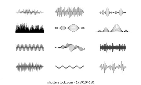 Set Black Collection Abstract Elements Audio Waves Voice Sound Music Shapes Vector Design Style