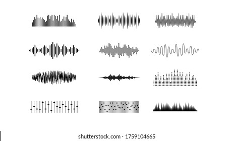 Set Black Collection Abstract Elements Audio Waves Voice Sound Music Shapes Vector Design Style