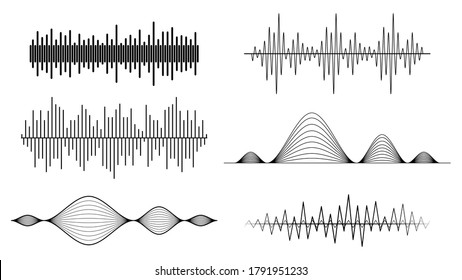 Set Black Collection Abstract Elements Audio Waves Voice Sound Music Shapes Vector Design Style