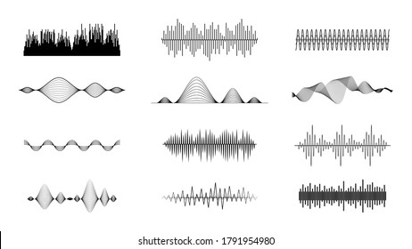 Set Black Collection Abstract Elements Audio Waves Voice Sound Music Shapes Vector Design Style