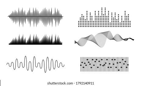 Set Black Collection Abstract Elements Audio Waves Musical Pulse Equalizer Vector Design Style