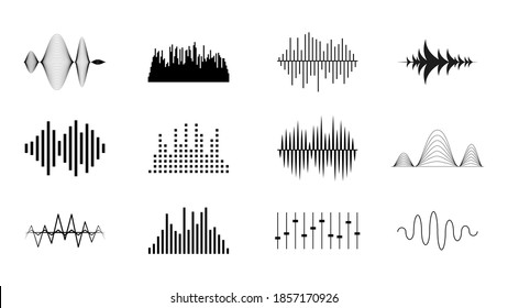 Set Black Collection Abstract Elements Audio Waves Voice Sound Music Shapes Vector Design Style