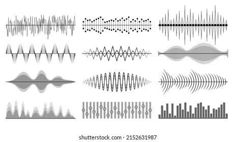 Set Black Collection Abstract Elements Audio Waves Voice Sound Music Shapes Vector Design Style