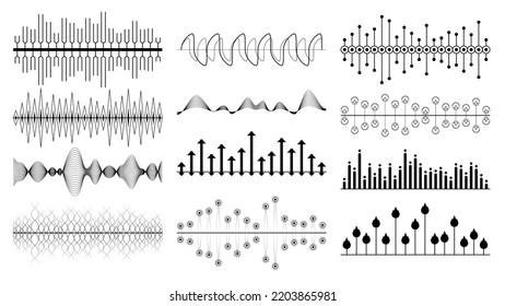 Set Black Collection Abstract Elements Audio Waves Voice Sound Music Shapes Vector Design Style