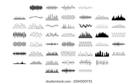 Set Black Collection Abstract Elements Audio Waves Voice Sound Music Shapes Vector Design Style