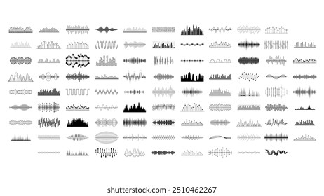 Definir Elementos abstratos de coleção em preto Ondas de áudio Som de voz Formas de música Estilo de design vetorial