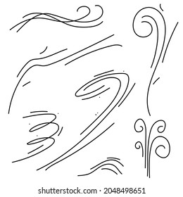 Set Black Collection Simple Line Winds Gust Squall Curl Doodle Outline Nature Element Vector Design Style Sketch Isolated Illustration