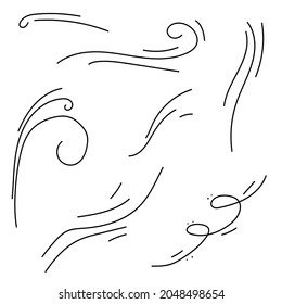 Set Black Collection Simple Line Winds Gust Squall Curl Doodle Outline Nature Element Vector Design Style Sketch Isolated Illustration