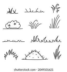 Set Black Collection Simple Line Grass Plants Bush Doodle Outline Nature Element Vector Design Style Sketch Isolated Illustration