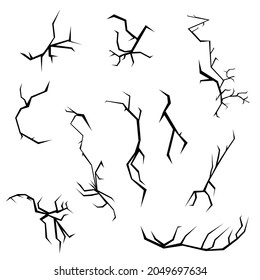 Set Black Collection Simple Line Cracked, Damaged, Hole, Earthquake, Destruction Doodle Outline Nature Element Vector Design Style Sketch Isolated Illustration
