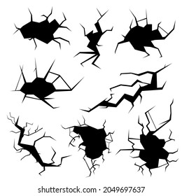 Set Black Collection Simple Line Cracked, Damaged, Hole, Earthquake, Destruction Doodle Outline Nature Element Vector Design Style Sketch Isolated Illustration