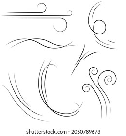 Set Black Collection Simple Line Winds Gust Squall Curl Doodle Outline Nature Element Vector Design Style Sketch Isolated Illustration