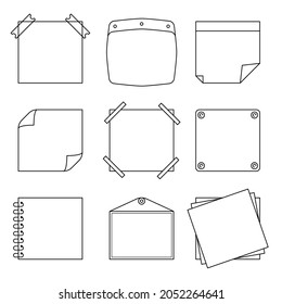 Set Black Collection Simple Line Notes Paper, Diary Doodle Outline Element Vector Design Style Sketch Isolated Illustration Planner, Sticky