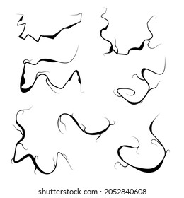Set Black Collection Simple Line Cracked, Damaged, Hole, Earthquake, Destruction Doodle Outline Nature Element Vector Design Style Sketch Isolated Illustration