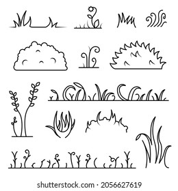 Définir la collection noire Plantes d'herbe à ligne simple Doodle Bush Contour Nature Element Vectoriel Style de création Esquisse Illustration Isolée