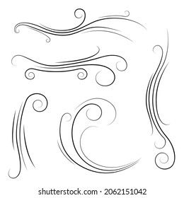 Set Black Collection Simple Line Winds Gust Squall Curl Doodle Outline Nature Element Vector Design Style Sketch Isolated Illustration