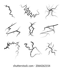 Colección de negro Línea simple agrietada, dañada, taladro, terremoto, destrucción Esquema de dibujo de elementos de naturaleza Vector Diseño Esbozo de diseño Isolación Ilustración