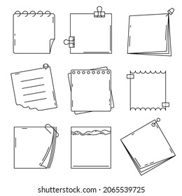 Set Black Collection Simple Line Notes Paper, Diary Doodle Outline Element Vector Design Style Sketch Isolated Illustration Planner, Sticky