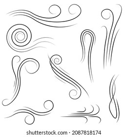 Set Black Collection Simple Line Winds Gust Squall Curl Doodle Outline Nature Element Vector Design Style Sketch Isolated Illustration