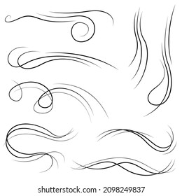 Set Black Collection Simple Line Winds Gust Squall Curl Doodle Outline Nature Element Vector Design Style Sketch Isolated Illustration