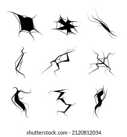 Colección de negro Línea simple agrietada, dañada, taladro, terremoto, destrucción Esquema de dibujo de elementos de naturaleza Vector Diseño Esbozo de diseño Isolación Ilustración